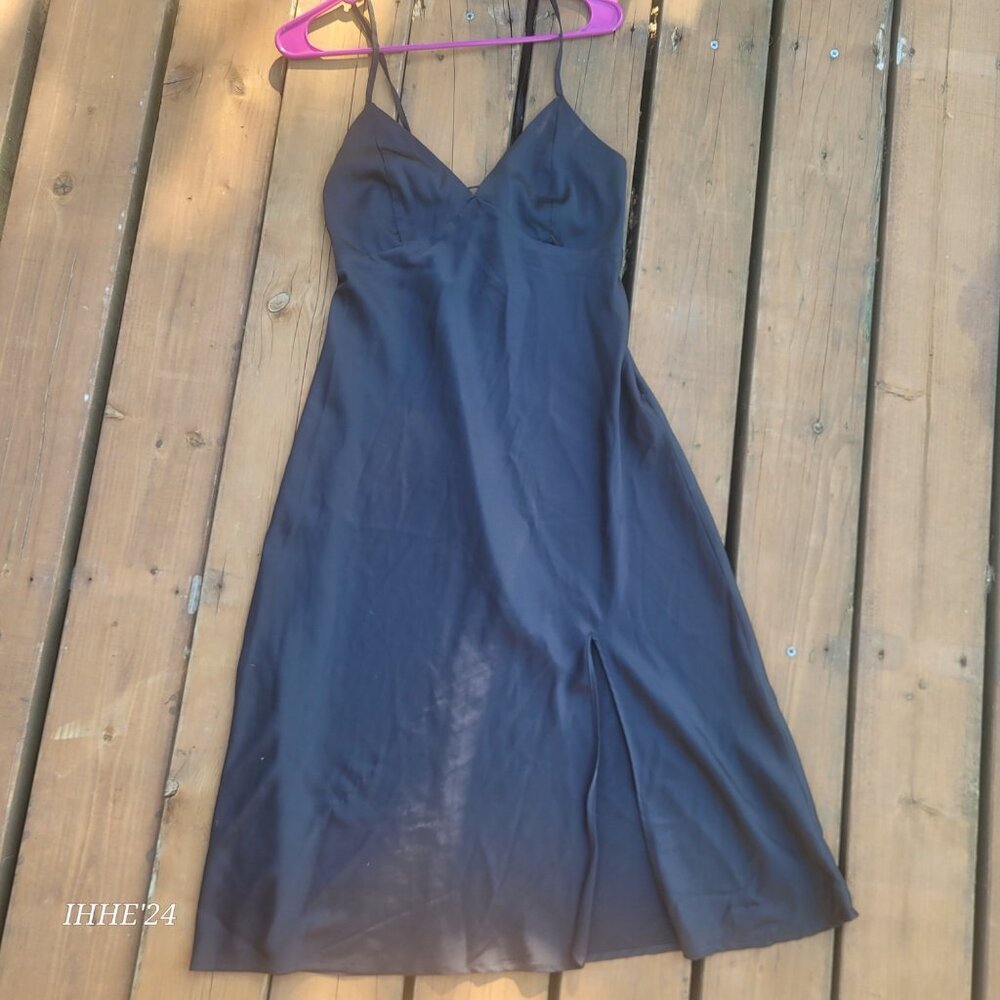 Forever 21 Black Satin Slip Dress With Spaghetti Straps & Side Slit - Size M